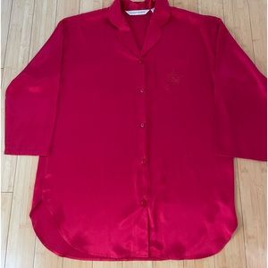Victorias Secret Sleepshirt Red Pocket Embroidered Collared Long Sleeve